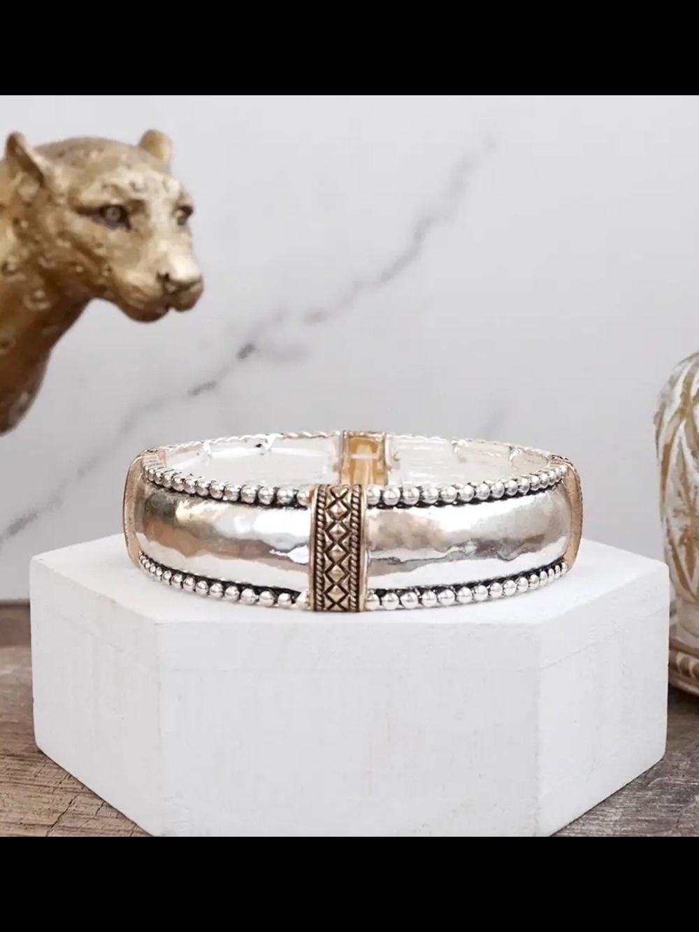 Silver & Gold Two-Tone Hammered Stretch Bangle